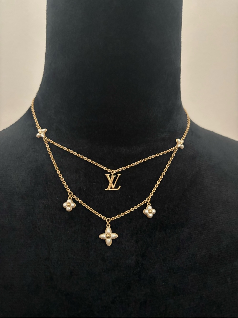 Louis Vuitton Gold Layered Necklace with Pearl Flower Charms